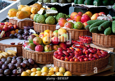 Close-up of a fruit and vegetable stall in Funchal covered market Stock Photo