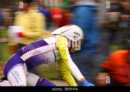 a racer speeds by the crowd at the prologue to the Amgen Tour of California in Sacramento. Feb 14, 2009 Stock Photo
