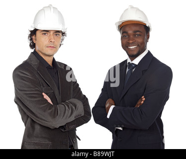 Team of engineers black and caucasian a over white background Stock Photo
