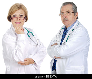 Couple of seniors doctors a over white background Stock Photo