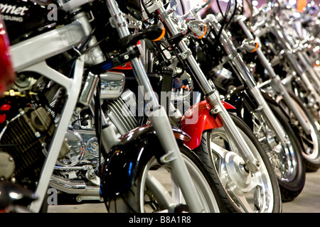 Row of motor bikes for sale Stock Photo