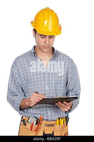 Attractive construction worker on a over white background Stock Photo