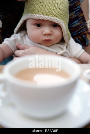 Baby boy looking at cup of tea (with signed model release - available for commercial use) Stock Photo