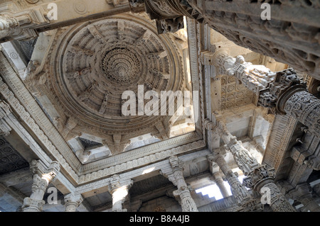 Intricately carved marble stonework at  Chaumukha Temple, the main temple in the complex of Jain temples at Ranakpur. Stock Photo