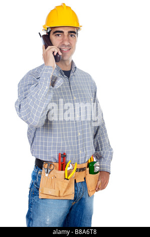 Construction worker talking on the phone a over white background Stock Photo