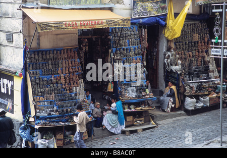 Stalls in the Witches Market / Mercado de las Brujas, La Paz, Bolivia Stock Photo