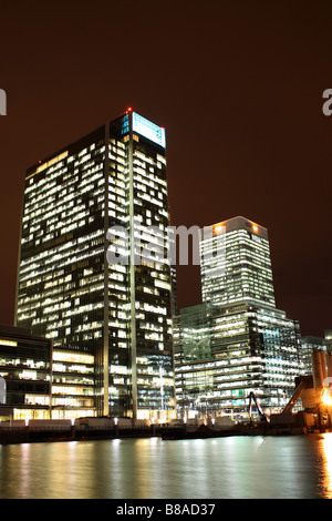 Night shot of Canary Wharf East London. Stock Photo