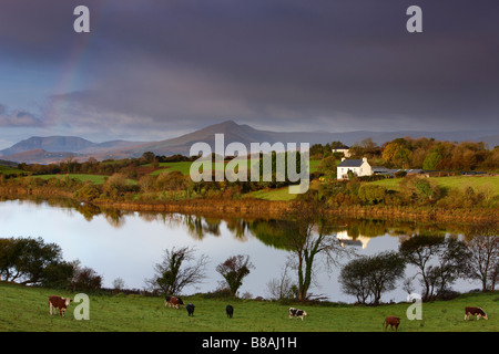 dawn over Bantry Bay, with a rainbow nr Bantry, County Cork, Ireland Stock Photo