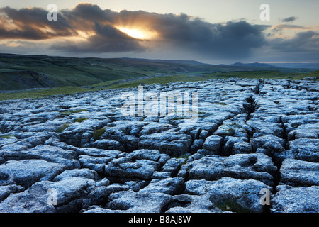 frost on a limestone pavement at Ing Scar above Malham Cove, Yorkshire Dales National Park, Yorkshire, England, UK Stock Photo