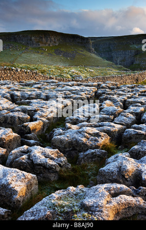 frost on a limestone pavement at Ing Scar above Malham Cove, Yorkshire Dales National Park, Yorkshire, England, UK Stock Photo