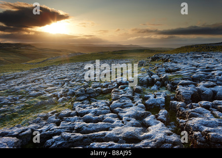 frost on a limestone pavement at Ing Scar above Malham Cove, Yorkshire Dales National Park, Yorkshire, England, UK Stock Photo