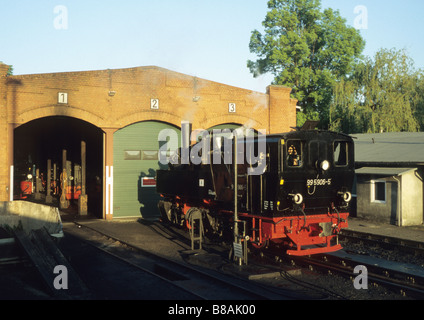 HSB Mallet steam locomotive no. 99 5906 in front of the engine shed, Gernrode station, Harz, Germany Stock Photo