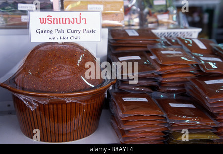 Chilli pastes and Thai curry pastes for sale at the upscale Or Tor Gor fresh food market in Chatuchak Bangkok Thailand Stock Photo
