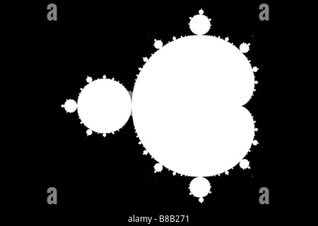 The Mandelbrot Set, white on black, rendered to a really high resolution, gives a crystal clear image of this iconic figure. Stock Photo