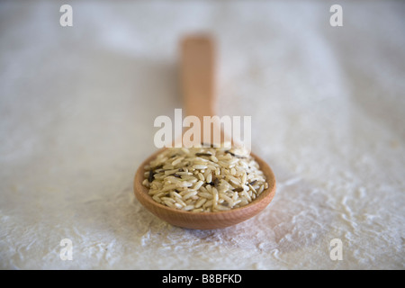 Mix of white and brown rice in a wooden spoon Stock Photo