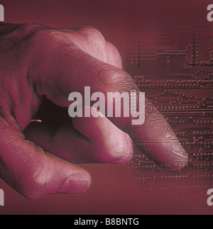 FL4029, Jim Tinios; Close-up, Mans Finger Touching Circuitry, Magenta Duotone Stock Photo