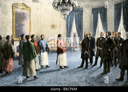 First Chinese ambassador to the US met by President Rutherford Hayes 1878. Hand-colored halftone of an illustration Stock Photo