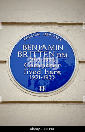 english heritage blue plaque marking a former home of composer benjamin britten, cromwell road, london, england Stock Photo