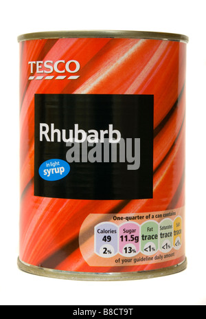 Tin Can of Tesco Own Brand Rhubarb in Light Syrup Stock Photo