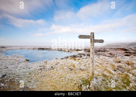 Frozen landscape looking towards Bleaklow following a winter hoarfrost in The Peak District Stock Photo