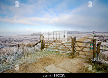 Frozen landscape looking towards Bleaklow following a winter hoarfrost in The Peak District Stock Photo