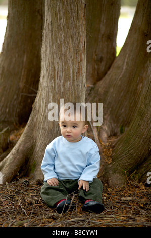 Baby Boy Sitting Under Trees Stock Photo