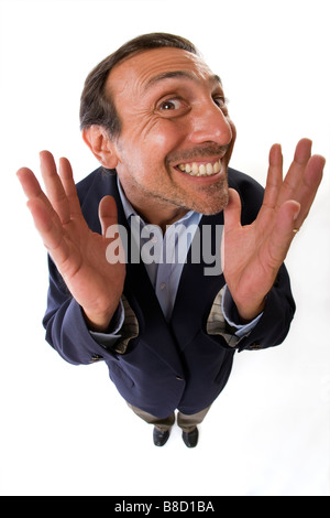 Fish eye lens of a business man with a silly facial expression Stock Photo