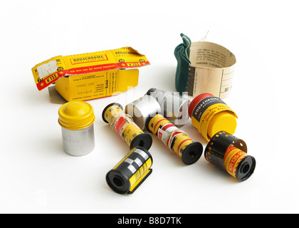 Vintage 35mm film, roll film and 35mm film canister Stock Photo