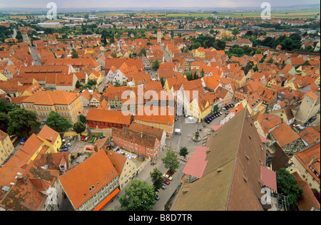 Aerial view from Daniel tower at St Georges Church of Old Town in Nördlingen on The Romantic Road Bavaria Germany Stock Photo