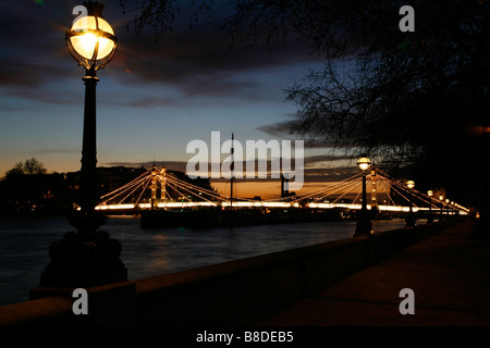 View up the River Thames towards Albert Bridge, Chelsea, London Stock Photo