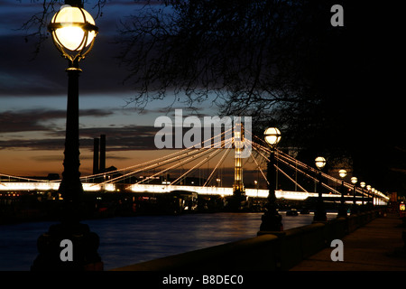 View up the River Thames towards Albert Bridge, Chelsea, London Stock Photo