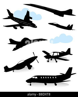 Collection of silhouettes of various planes Stock Photo