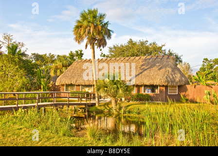 Florida Everglades Tamiami Trail US 41 Seminole Miccosukee Indian village thatch building palm tree and sawgrass Stock Photo