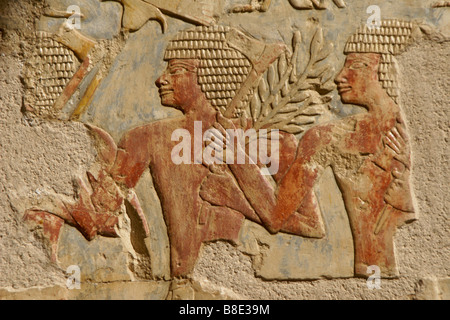 Painted reliefs, Deir al-Bahri, West Bank, Luxor, Egypt Stock Photo