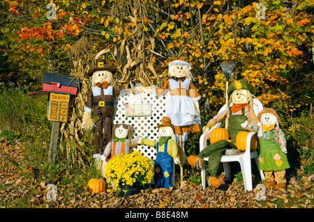 An autumn display of a group of yard scarecrows with pumpkins and flowers near Franconia New Hampshire USA Stock Photo
