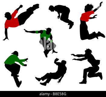 Silhouettes of seven jumping and fallen people Stock Photo