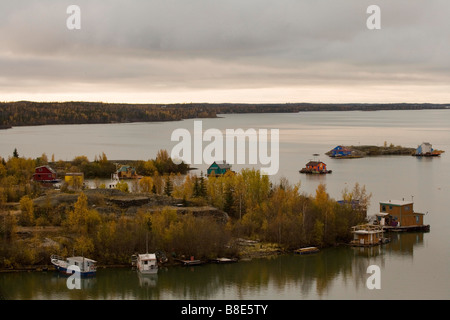 Houseboats on shores of Great Slave Lake, Yellowknife Northwest Territories, Canada Stock Photo