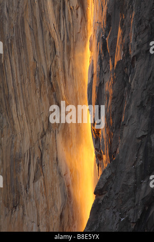 Detail of Horsetail Falls in Yosemite National Park at sunset. This phenomenon only occurs for about two weeks in winter. Stock Photo