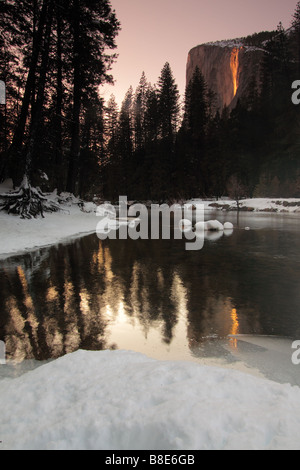 horsetail falls and el capitan reflected in the merced river at sunset Stock Photo