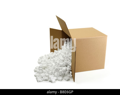 Open Cardboard Shipping Box with Styrofoam peanuts Stock Photo