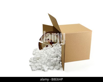 Open Cardboard Shipping Box with Broken Dinner Plate Stock Photo