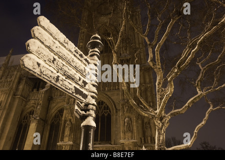 Snow covered sign outside the Beverley Minster church East Yorkshire UK Stock Photo
