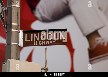 A sign in Times Square in New York marks the eastern terminus of the historic Lincoln Highway Stock Photo