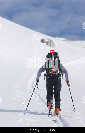 Man with alpine touring skis on the Illicilliwaet Glacier in the Selkirk Mountains in British Columbia, Canada Stock Photo