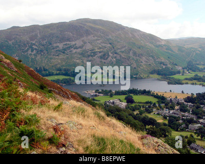 view of glenridding from mountainside looking across ullswater towards place fell. Stock Photo