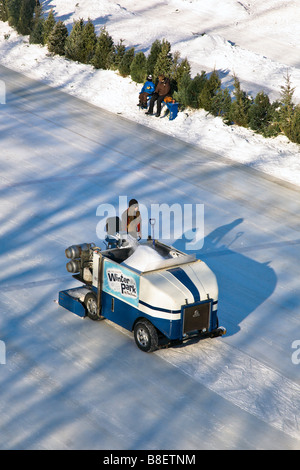 Zamboni resurfacing the ice on the Assiniboine River, The Forks, Winnipeg, Manitoba, Canada. Stock Photo