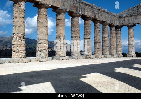 Doric temple of Segesta in Tripani Sicily Italy with shadows of columns Stock Photo
