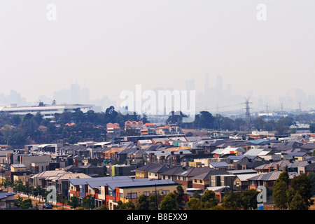 Air Pollution / Smoke haze covers the Melbourne skyline.Melbourne Victoria Australia. Stock Photo