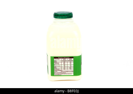 One Pint of semi skimmed milk in a plastic container showing the nutrient values on the label Stock Photo