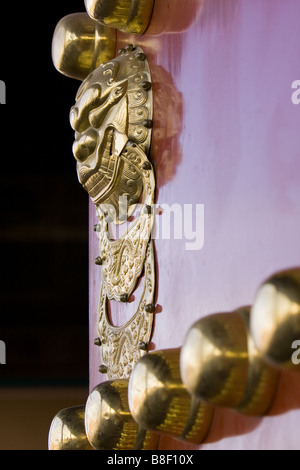 Brass lion and knobs on red wooden entrance door, Forbidden City, Beijing Stock Photo